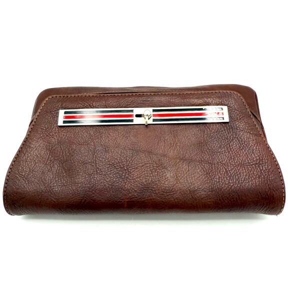 Vintage 60s Taurus Brown Leather Clutch Bag w/ Red Enamel Clasp Mod Purse - Picture 7 of 16